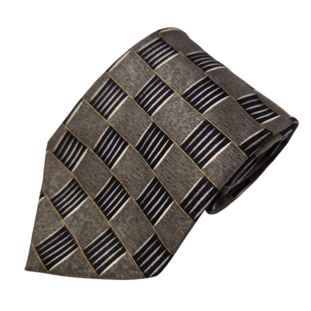 Milano Uomo Tie Mens Xtra-Long‎ Grey Black Geometric Silk Block Pattern USA